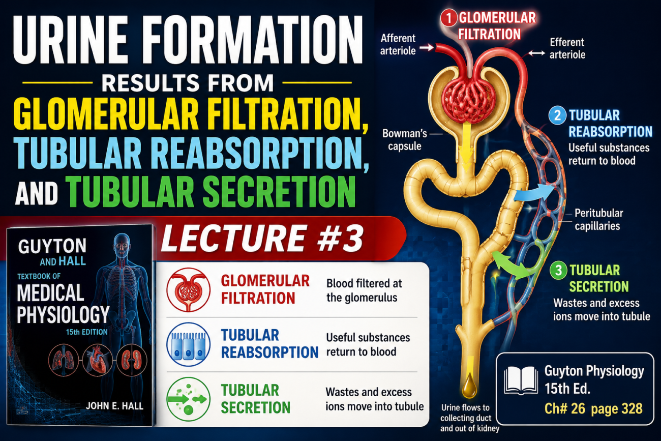 URINE FORMATION RESULTS FROMGLOMERULAR FILTRATION, TUBULARREABSORPTION, AND TUBULAR SECRETION LECTURE #3 Ch# 26 page 328 Guyton physiology 15th Ed: