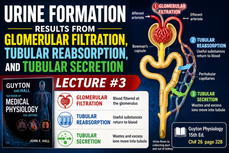 URINE FORMATION RESULTS FROMGLOMERULAR FILTRATION, TUBULARREABSORPTION, AND TUBULAR SECRETION  LECTURE #3  Ch# 26 page 328 Guyton physiology 15th Ed: