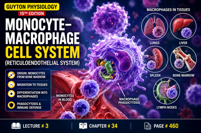 Monocyte–Macrophage Cell System (Reticuloendothelial System) –  Lecture # 3 Page # 460, Ch: # 34, Superfast Simplified image Base Self Learning series Guyton Physiology.