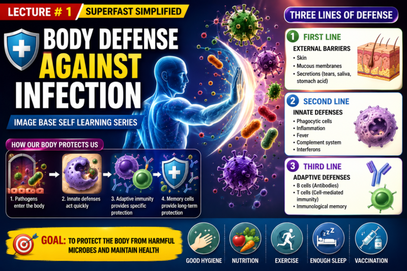 Body Defense Against Infection-    Lecture # 1, Superfast Simplified Image Base Self Learning Series.   Resistance of the Body to Infection:I. Leukocytes, Granulocytes, the Monocyte￾Macrophage System, and Inflammation Page # 457 Ch # 34 Guyton Physiology 15th Edition.