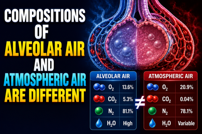 COMPOSITIONS OF ALVEOLAR AIR AND ATMOSPHERIC AIR ARE DIFFERENT –  SELF LEARNIN -2C,  PAGE # 523, Ch: # 40.