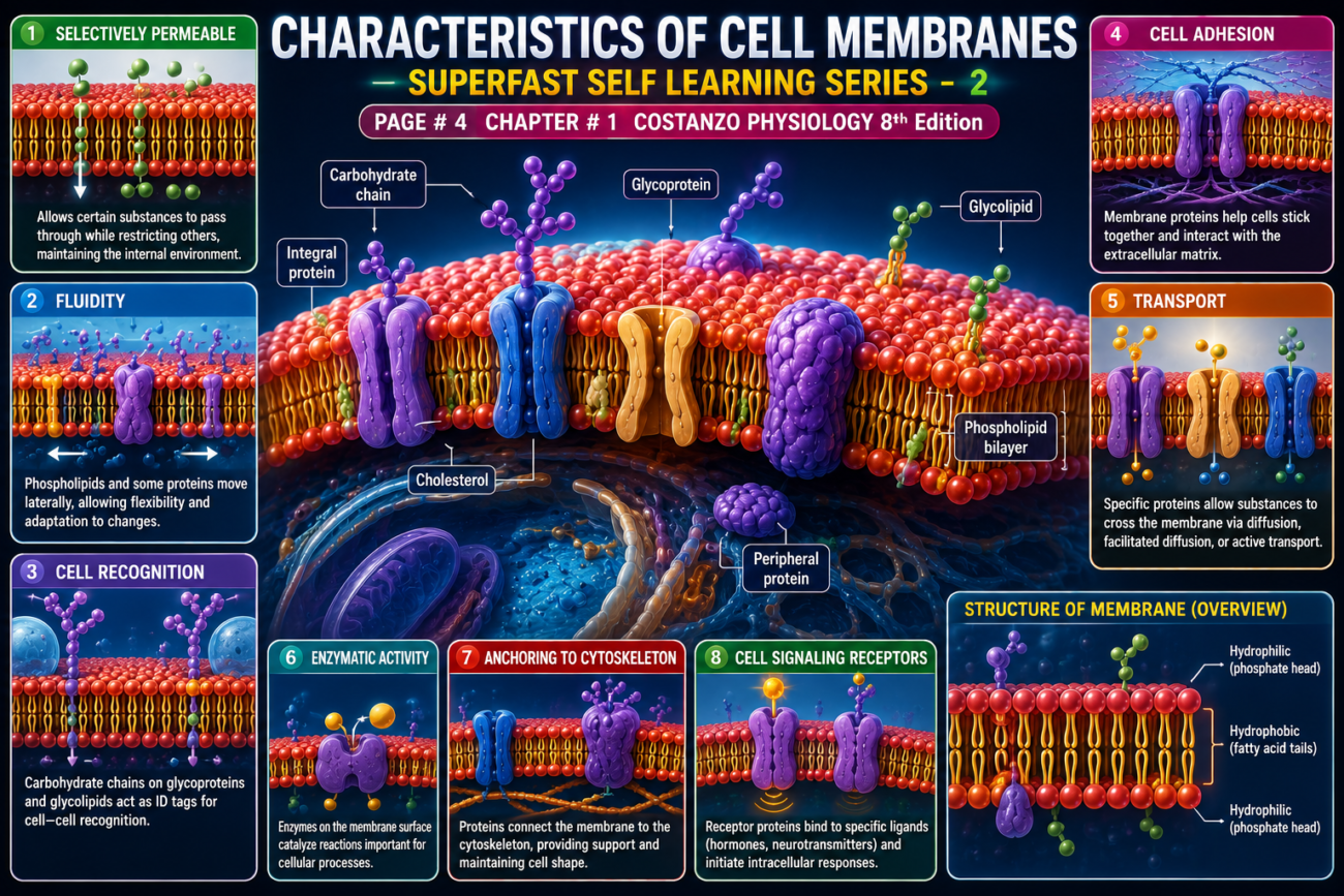 CHARACTERISTICS OF CELL MEMBRANES-SUPERFAST SELF LEARNING SERIES -2 PAGE # 4 CHAPTER # 1 COSTANZO PHYSIOLOGY 8th Edition.