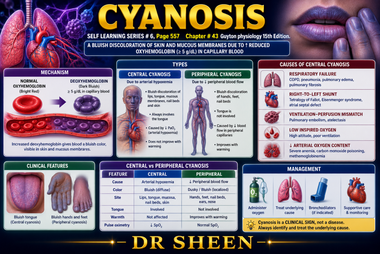 CYANOSIS- - SELF LEARNING SERIES # 6, Page 557 Chapter # 43 Guyton physiology 15th Edition. WITH NAME OF DR SHEEN.