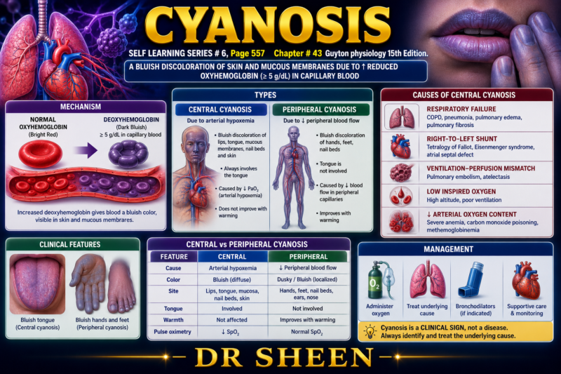 CYANOSIS –     SELF LEARNING Lecture # 6, Page # 557 Chapter # 43.