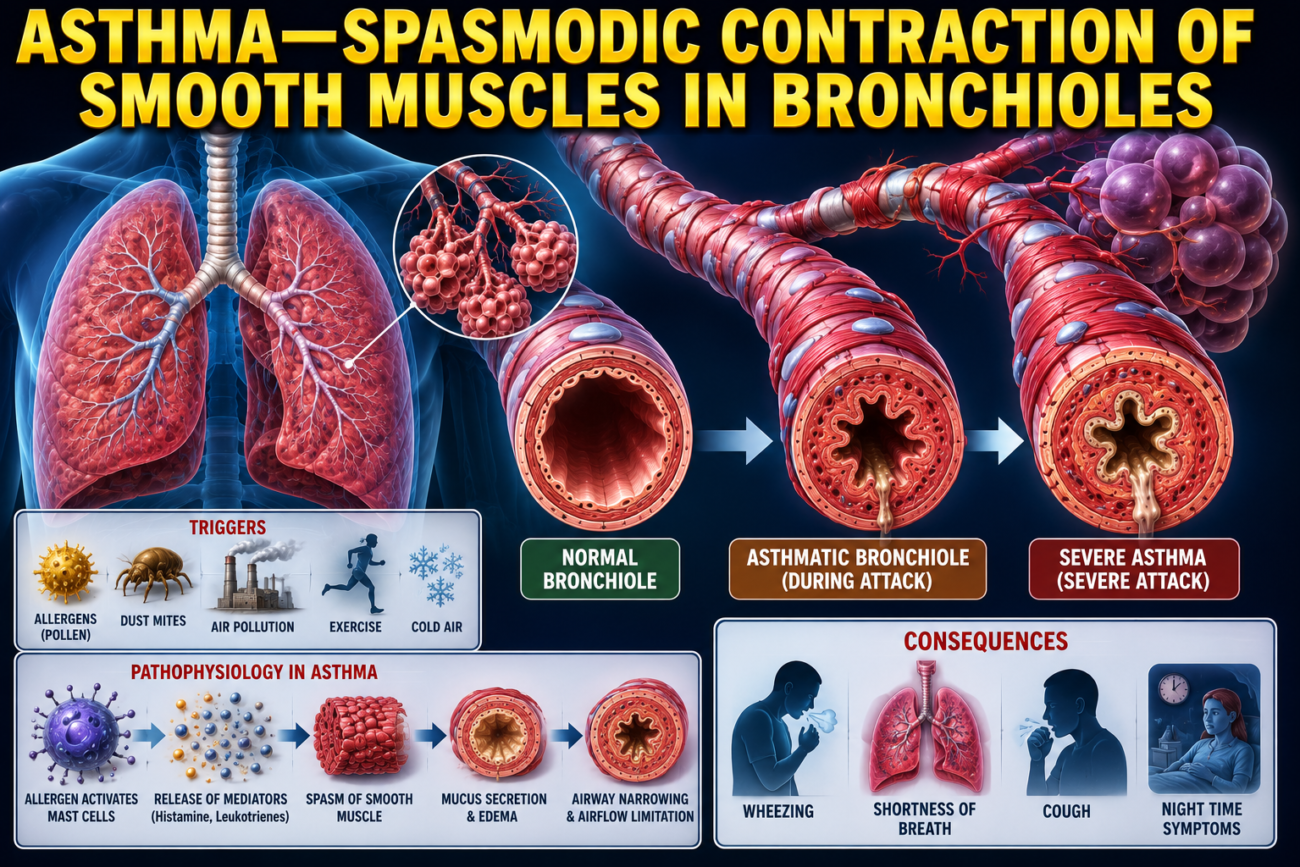 ASTHMA—SPASMODIC CONTRACTION OF SMOOTH MUSCLES IN BRONCHIOLES - SELF LEARNING SERIES # 4, Page 555 Chapter # 43 Guyton physiology 15th Edition.