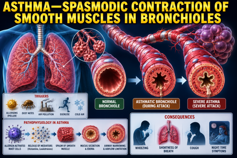 ASTHMA—SPASMODIC CONTRACTION OF SMOOTH MUSCLES IN BRONCHIOLES – SELF LEARNING SERIES # 4, Page 555 Chapter # 43 Guyton physiology 15th Edition.