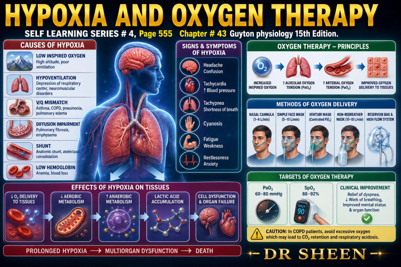HYPOXIA AND OXYGEN THERAPY - SELF LEARNING SERIES # 4, Page 555 Chapter # 43 Guyton physiology 15th Edition.