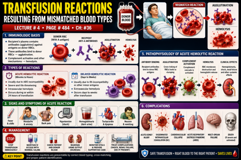 TRANSFUSION REACTIONS RESULTING FROM MISMATCHED BLOOD TYPES – Lecture # 4 Page # 484 Ch: #36 image base self learning series Guyton physiology 15th Edition.