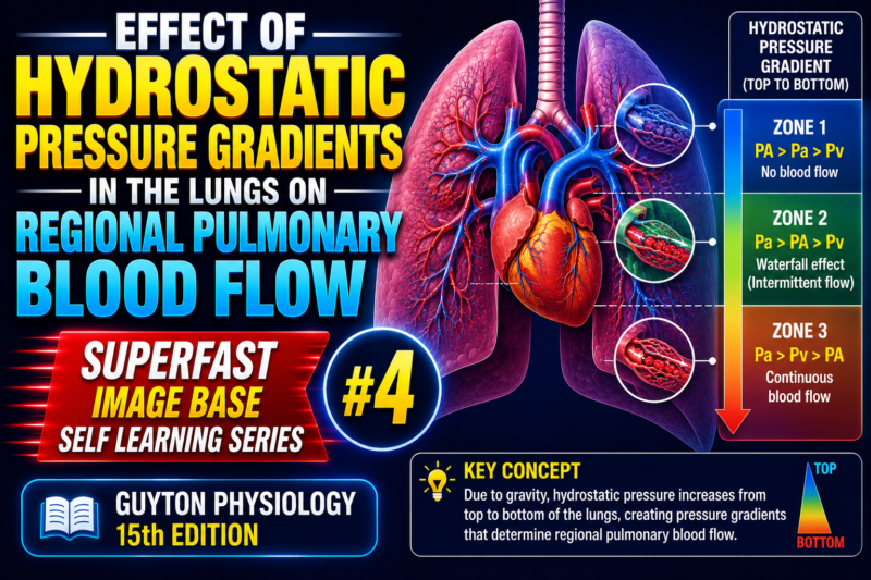 EFFECT OF HYDROSTATIC PRESSURE GRADIENTS IN THE LUNGS ON REGIONAL PULMONARY BLOOD FLOW-  Self learning – Lecture # 4, Page # 515, Ch: # 39.