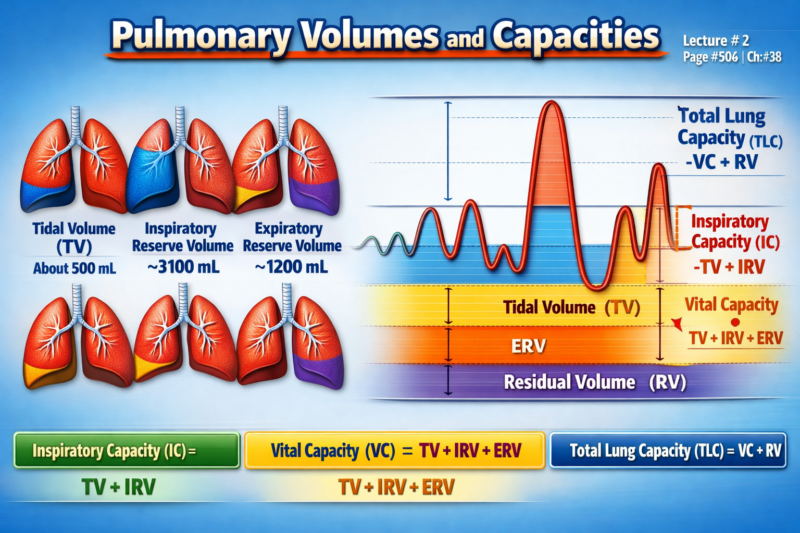 PULMONARY VOLUMES AND CAPACITIES -Lecture # 2, Page # 504 Ch: #38  Self Learning  Guyton Physiology 15th Edition.