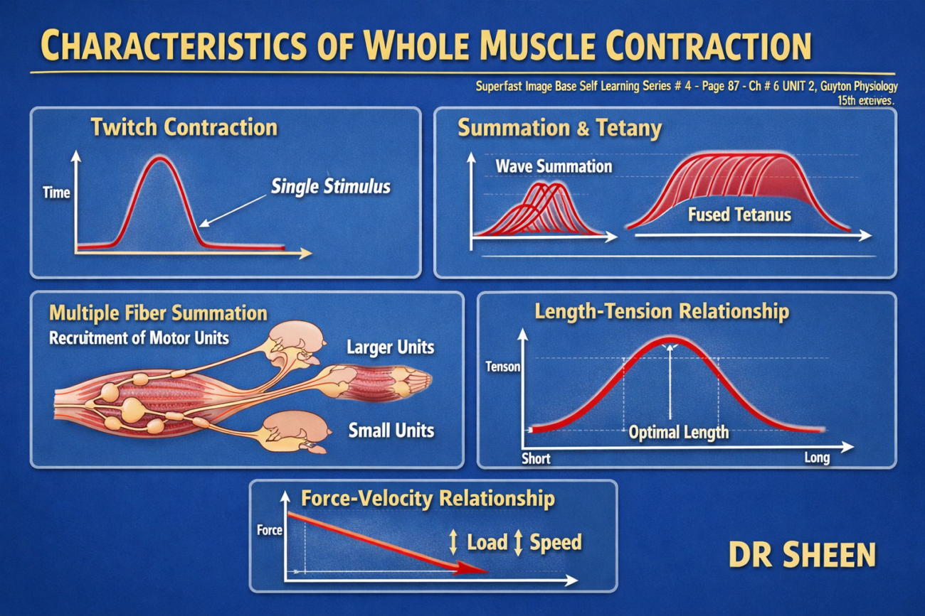 CHARACTERISTICS OF WHOLE MUSCLE CONTRACTION - Superfast image base self learning series # 4, page # 87 Ch# 6 UNIT 2, Guyton Physiology 15th Edition