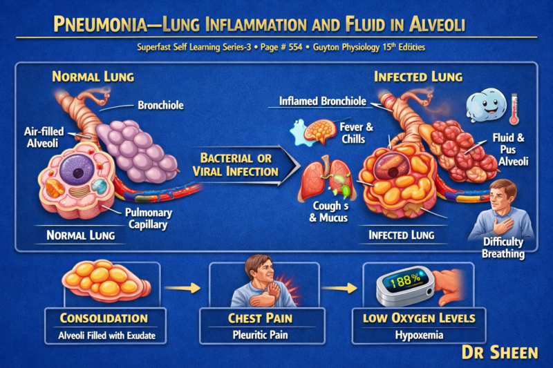 PNEUMONIA—LUNG INFLAMMATION AND FLUID IN ALVEOLI – Self learning Lecture # 3, Page # 554 Chapter # 43.