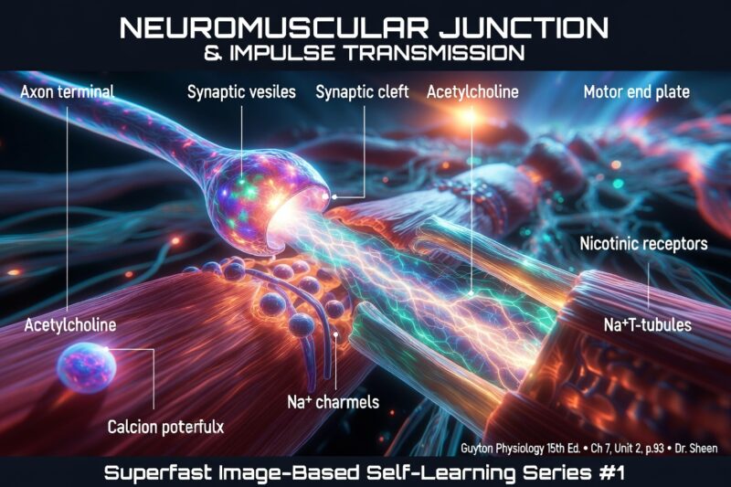 NEUROMUSCULAR JUNCTION AND TRANSMISSION OF IMPULSES FROM NERVE ENDINGS TO SKELETAL MUSCLE FIBERS –  Self learning, Lecture # 1, page # 93 Ch # 7, UNIT 2.