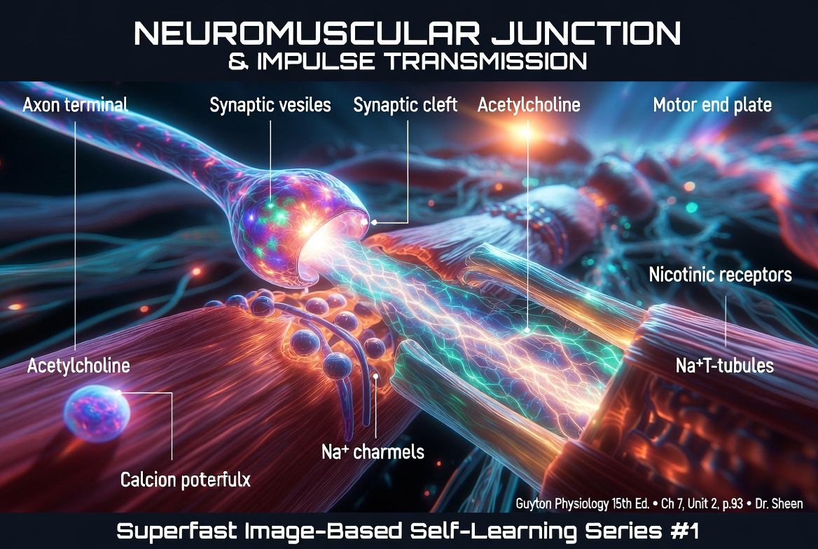 NEUROMUSCULAR JUNCTION AND TRANSMISSION OF IMPULSES FROM NERVE ENDINGS TO SKELETAL MUSCLE FIBERS - Superfast image base self learning series # 1, page # 93 Ch # 7, UNIT 2, Guyton Physiology 15th Edition. with name of dr sheen