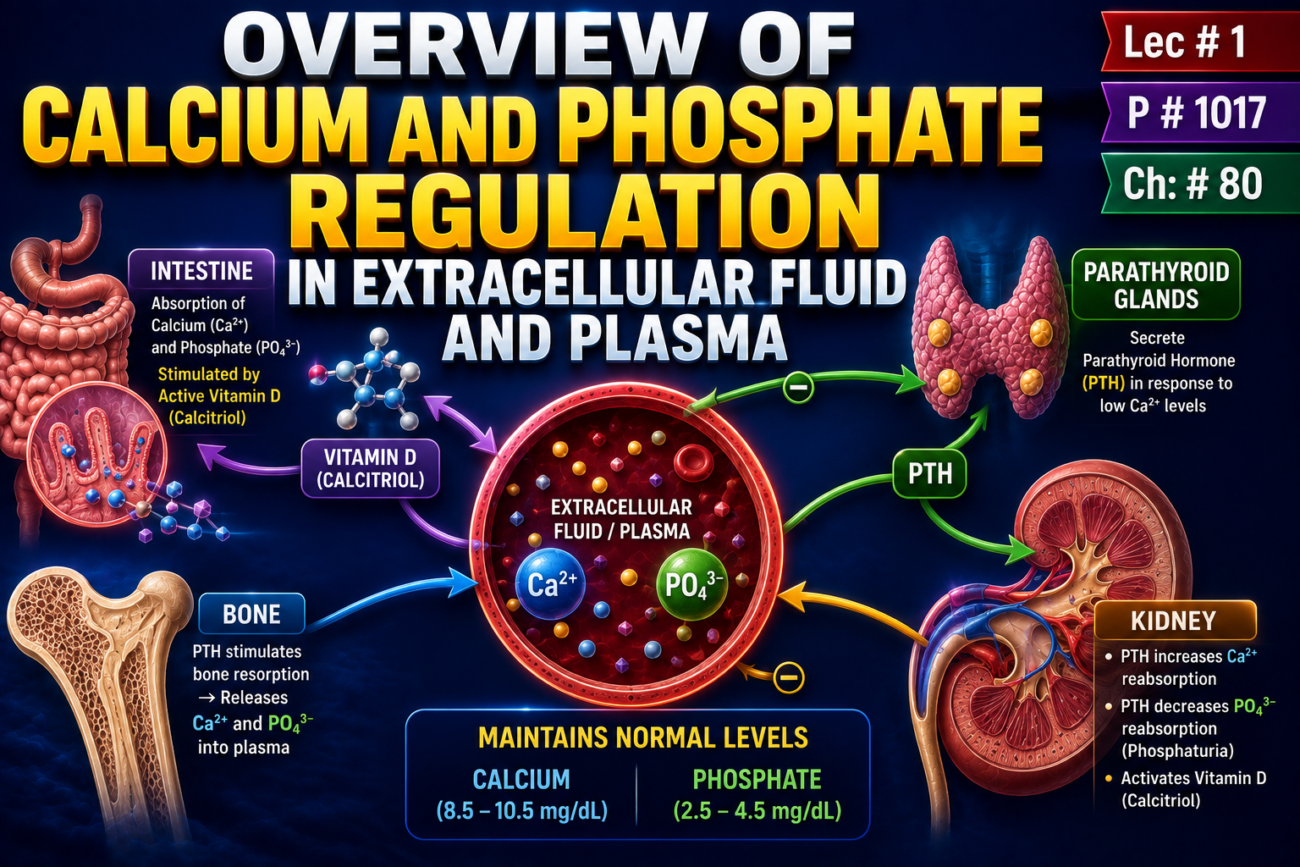 OVERVIEW OF CALCIUM AND PHOSPHATE REGULATION IN EXTRACELLULAR FLUID AND PLASMA - Lec # 1, P #1017 Ch:#80