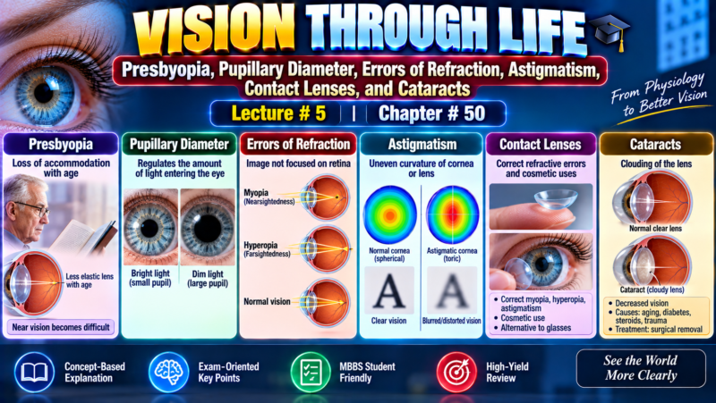 Presbyopia, Pupillary Diameter, Errors of Refraction, Astigmatism, Contact Lenses, and Cataracts – Lec # 5