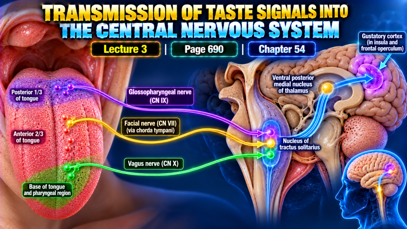 TRANSMISSION OF TASTE SIGNALS INTO THE CENTRAL NERVOUS SYSTEM - Lecture 3 | Page 690 | Chapter 54